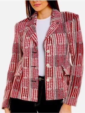 CAbi Patchwork Nautical Button Tweedy Blazer size S Red Multi Coastal Feminine